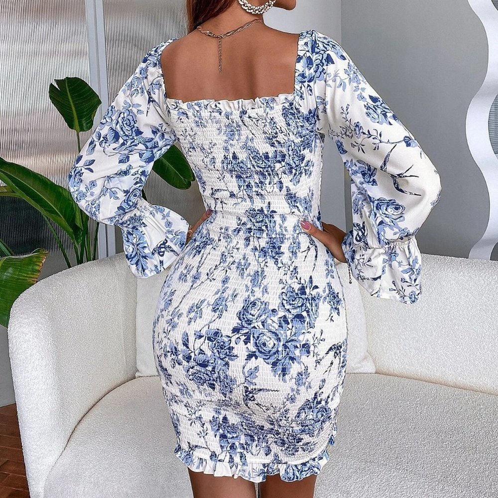 Floral Drawstring Front Bodycon Dress - Picture 3 of 5